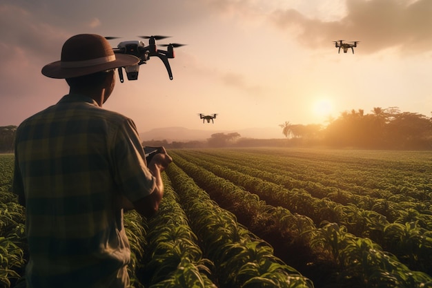 Agriculture Man working in the plantation with a drone sunset background