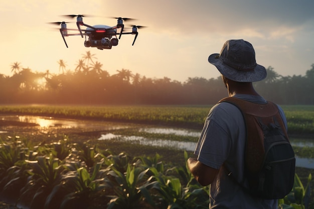 Agriculture Man working in the plantation with a drone sunset background